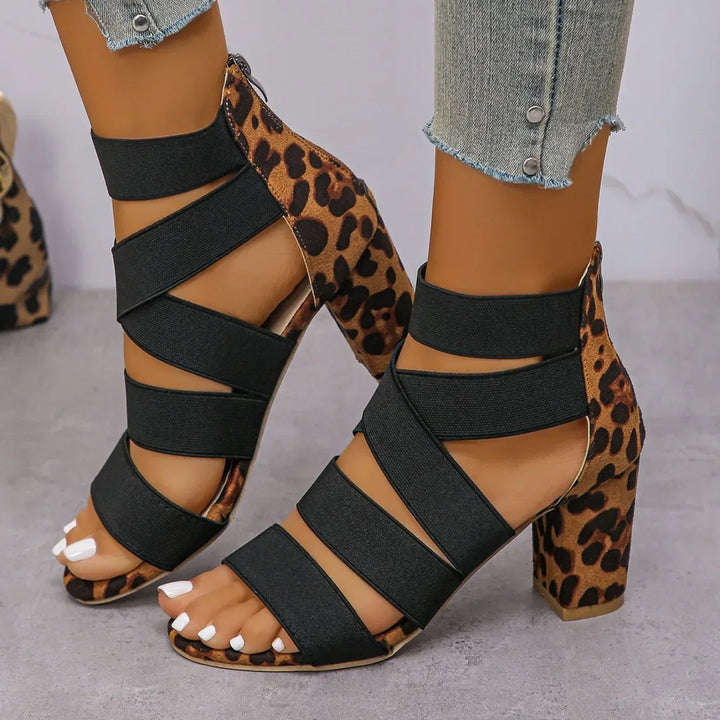 Block Heel Sandals for Women – Printed Multi-Strap Open Toe