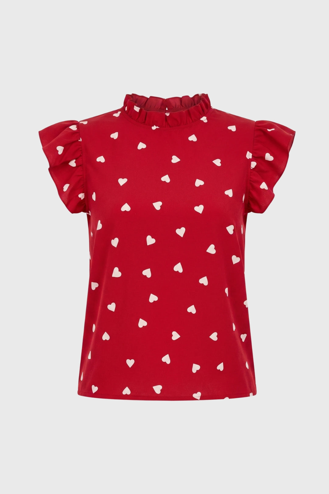 Women's Heart Print Ruffle Top – Mock Neck Flutter Sleeves