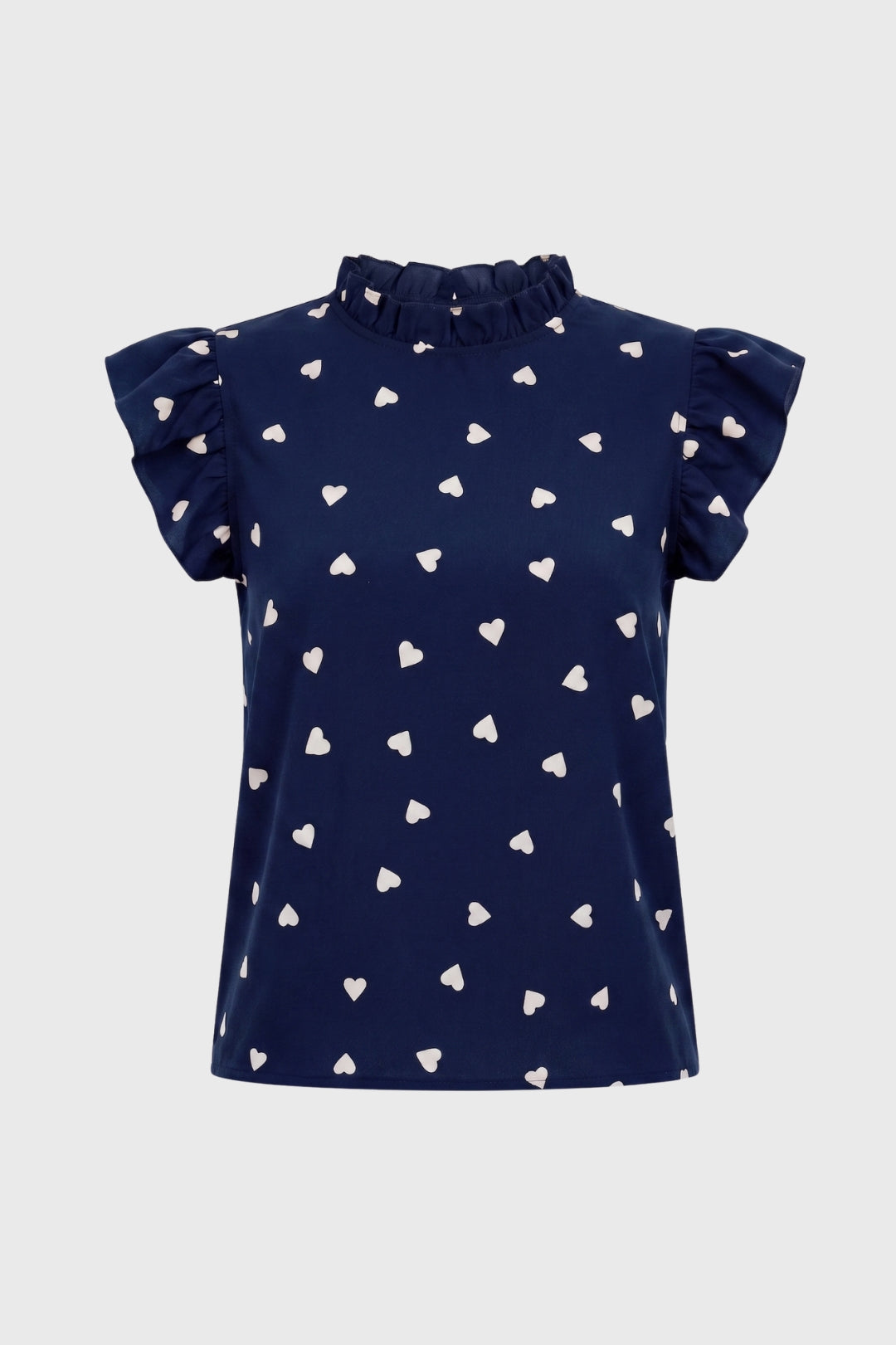 Women's Heart Print Ruffle Top – Mock Neck Flutter Sleeves