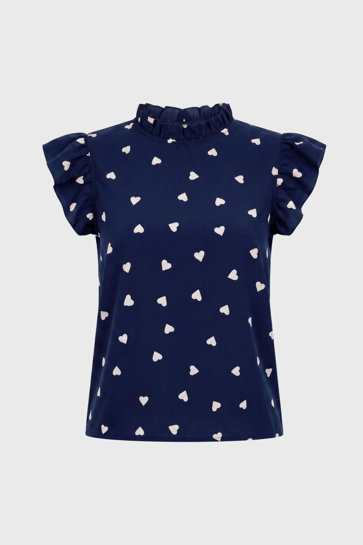 Women's Heart Print Ruffle Top – Mock Neck Flutter Sleeves