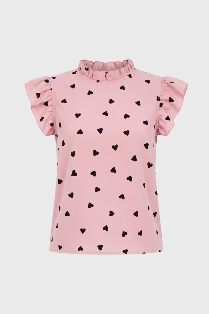 Women's Heart Print Ruffle Top – Mock Neck Flutter Sleeves