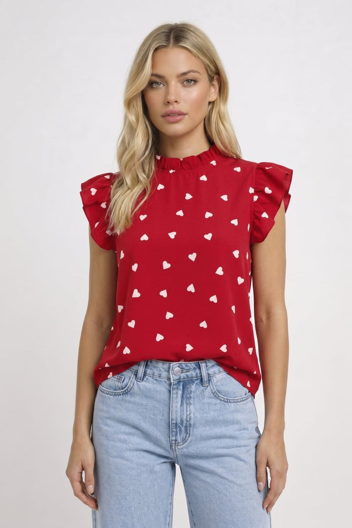 Women's Heart Print Ruffle Top – Mock Neck Flutter Sleeves