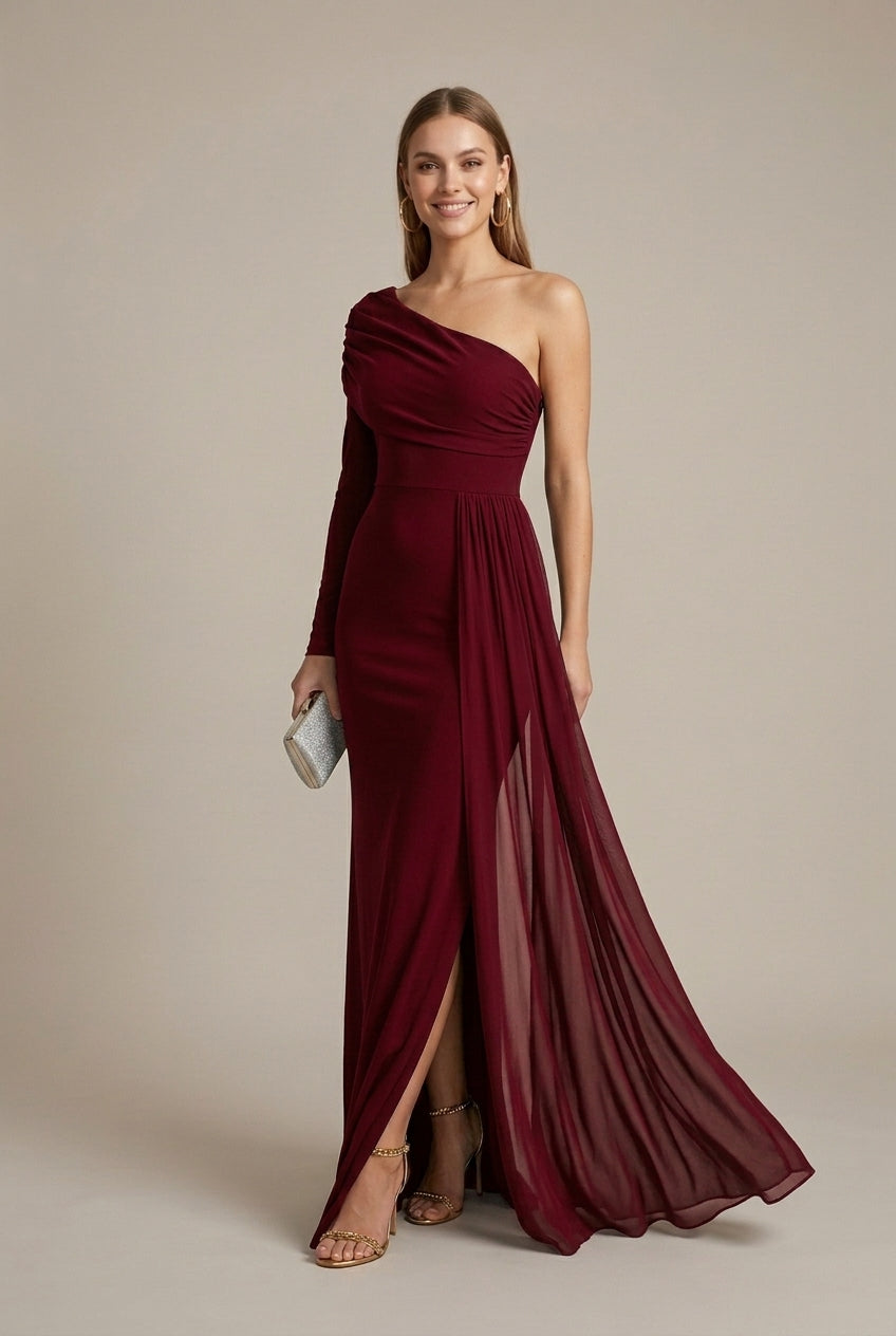 Women's Off Shoulder Fishtail Maxi Dress – Slant Neck Long Sleeve