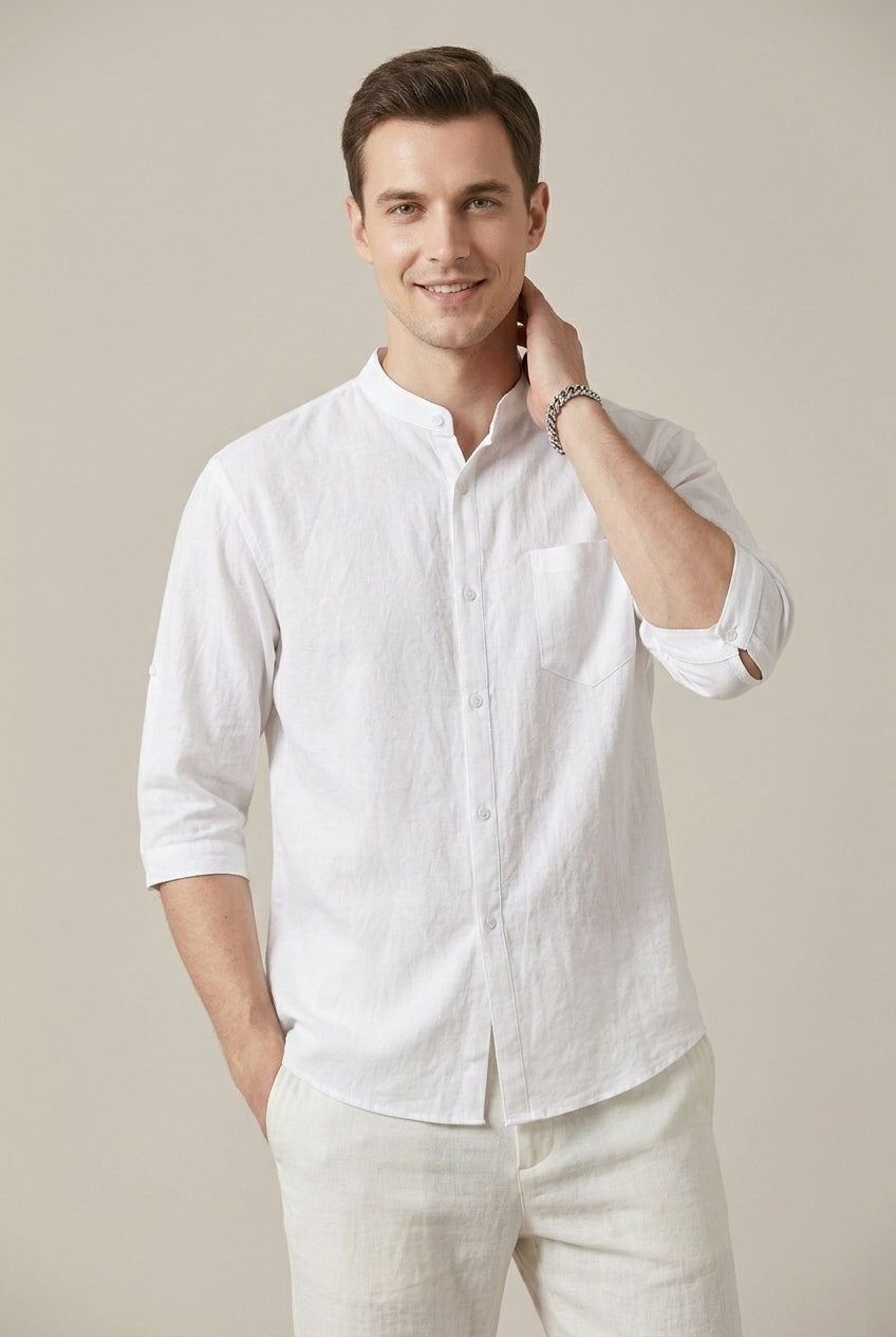 Men's Cotton Linen Blend Shirt – Band Collar Three-Quarter Sleeve