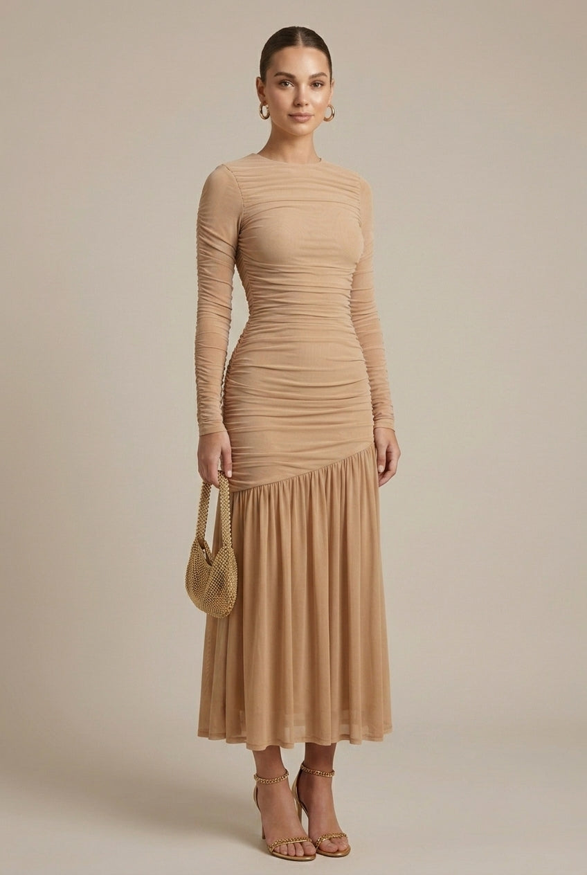 Women's Ruched Drop Waist Maxi Dress Long Sleeve – Fluted Skirt