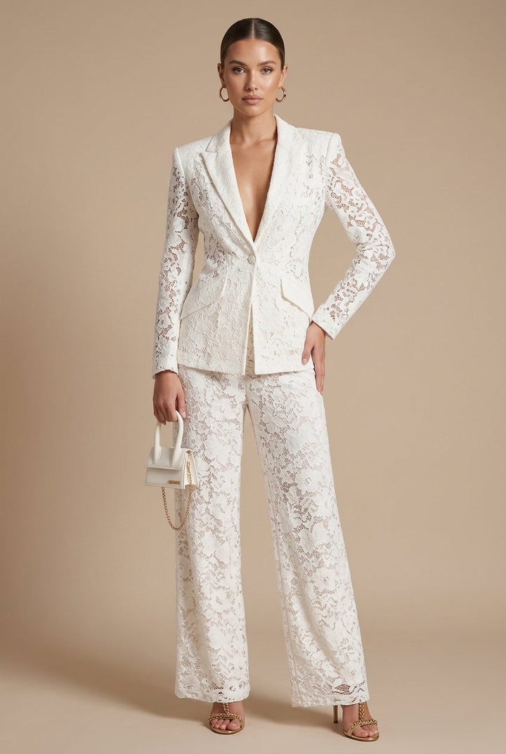Women's Floral Lace Two-Piece Suit – Peplum Blazer Wide-Leg Trousers