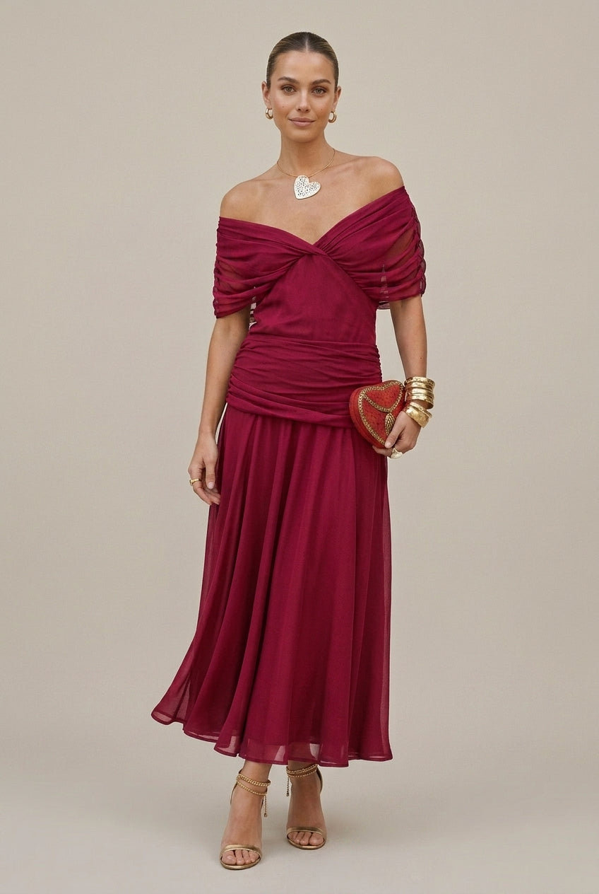 Women's Off Shoulder Maxi Dress Wrap V-Neck – Draped Ruched Waist