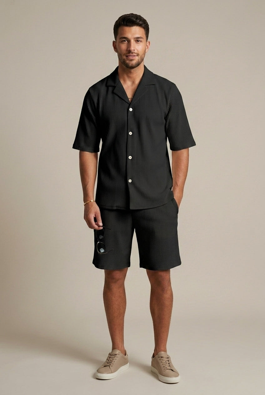 Men's Ribbed Two Piece Set – Short Sleeve Shirt & Drawstring Trousers
