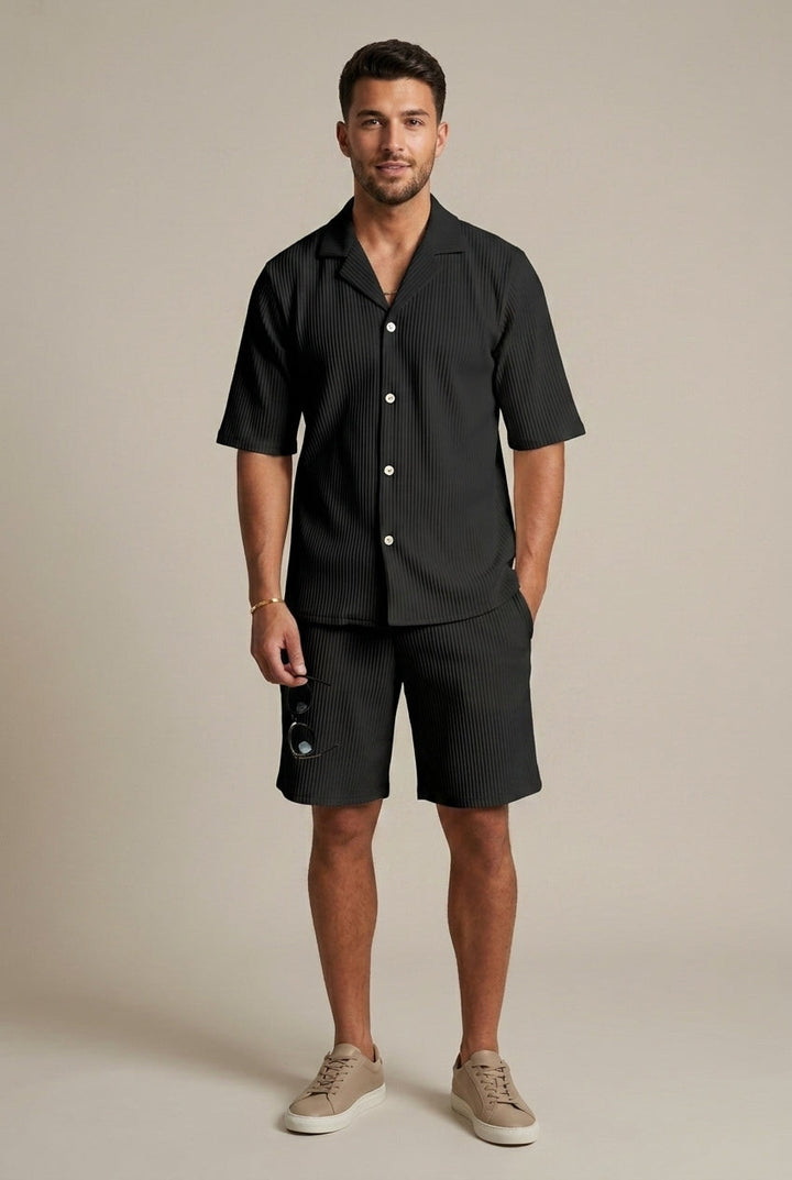 Men's Ribbed Two Piece Set – Short Sleeve Shirt & Drawstring Trousers