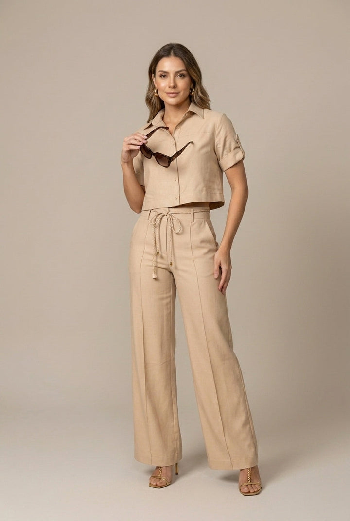 Women's Button-Up Shirt & Wide Leg Trousers Two Piece Set