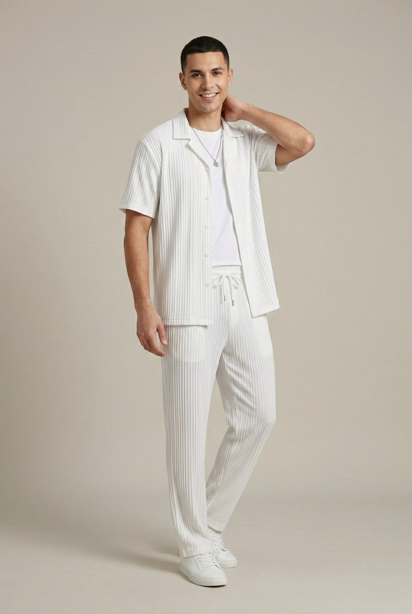 Men's Two Piece Set – Textured Stripe Shirt & Drawstring Trousers