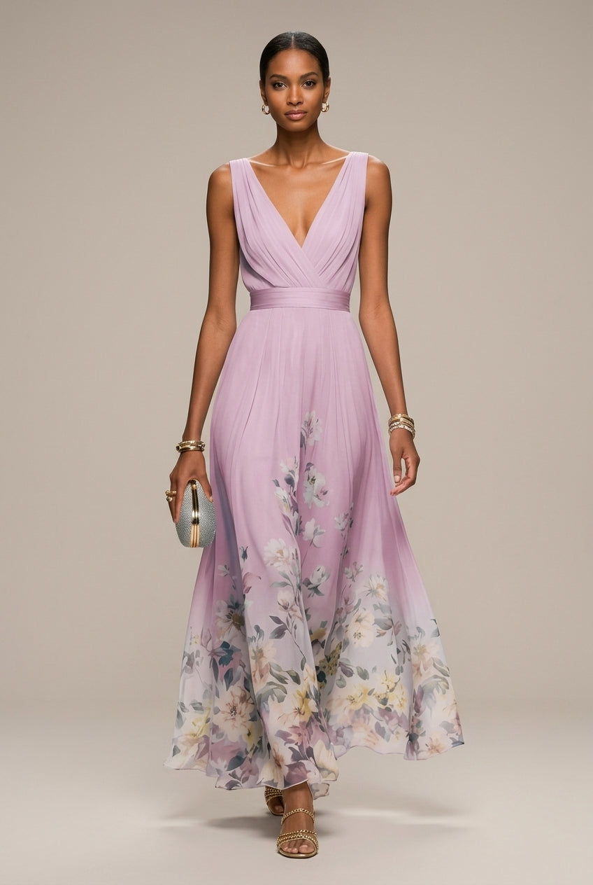 Women's Floral Border Print Maxi Dress – V-Neck Sleeveless