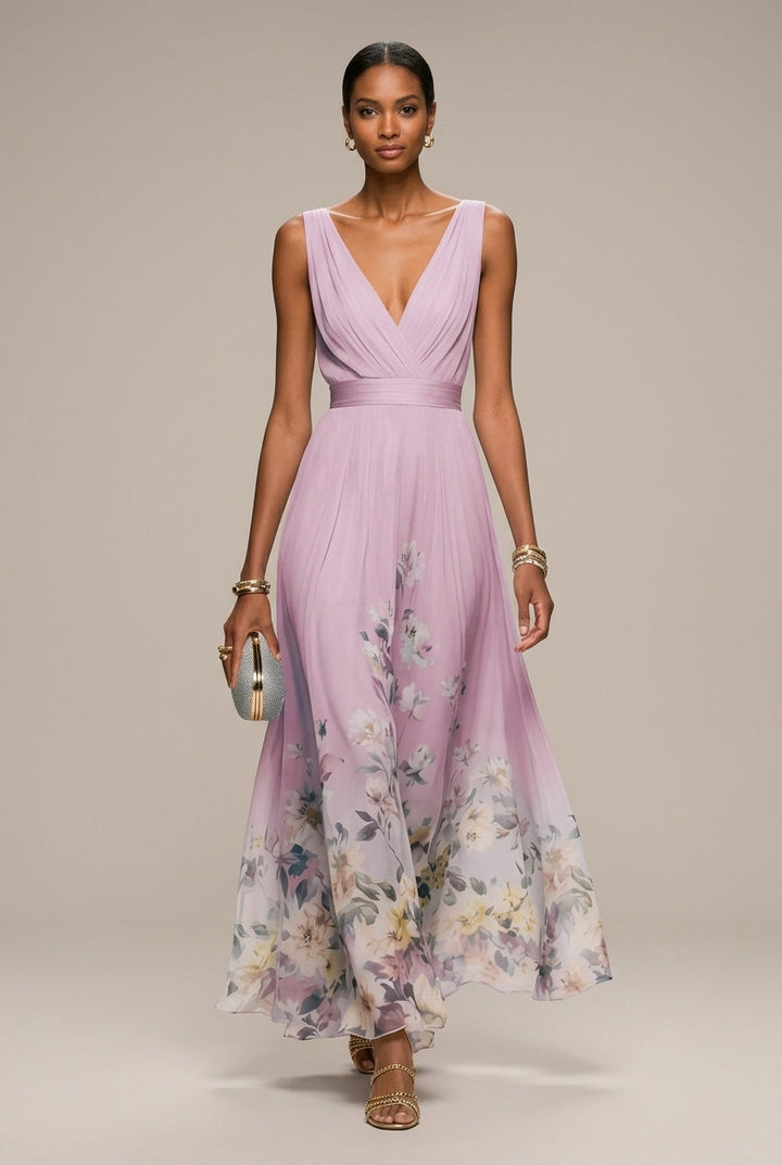 Women's Floral Border Print Maxi Dress – V-Neck Sleeveless