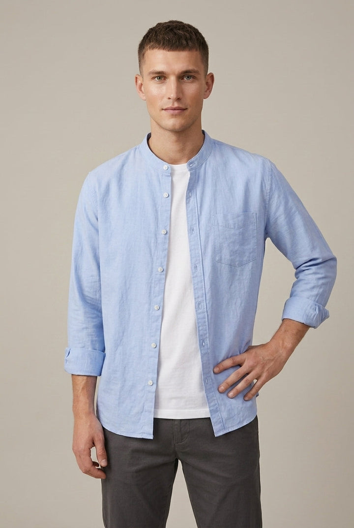 Men's Linen Blend Shirt – Band Collar Long Sleeve with Pocket