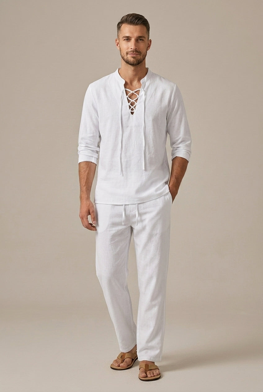 Men's Linen Two Piece Set – Lace-Up V-Neck Long Sleeve