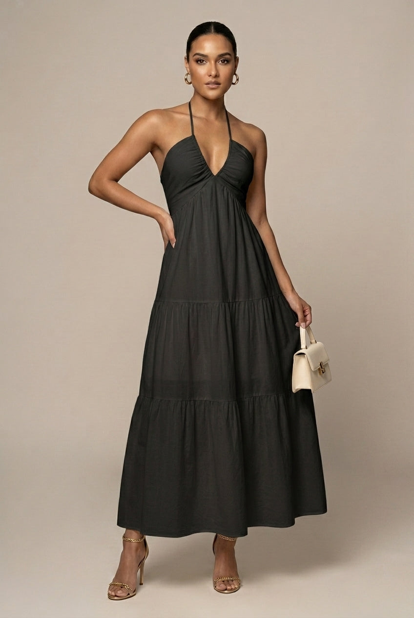 Women's Halter Neck Maxi Dress Tiered Ruffle Skirt – Deep V Open Back