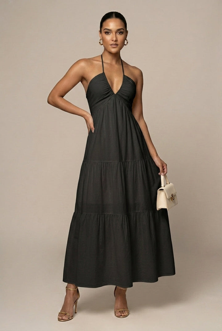 Women's Halter Neck Maxi Dress Tiered Ruffle Skirt – Deep V Open Back