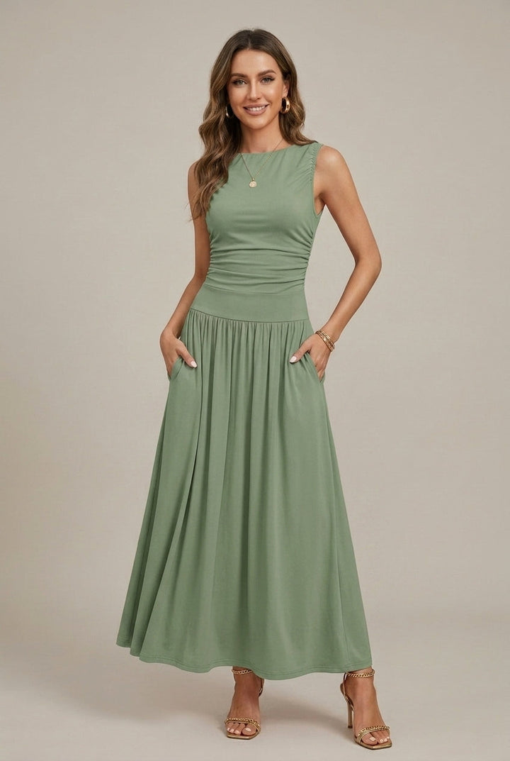 Women's Sleeveless Maxi Dress – Ruched Waist & Full Skirt