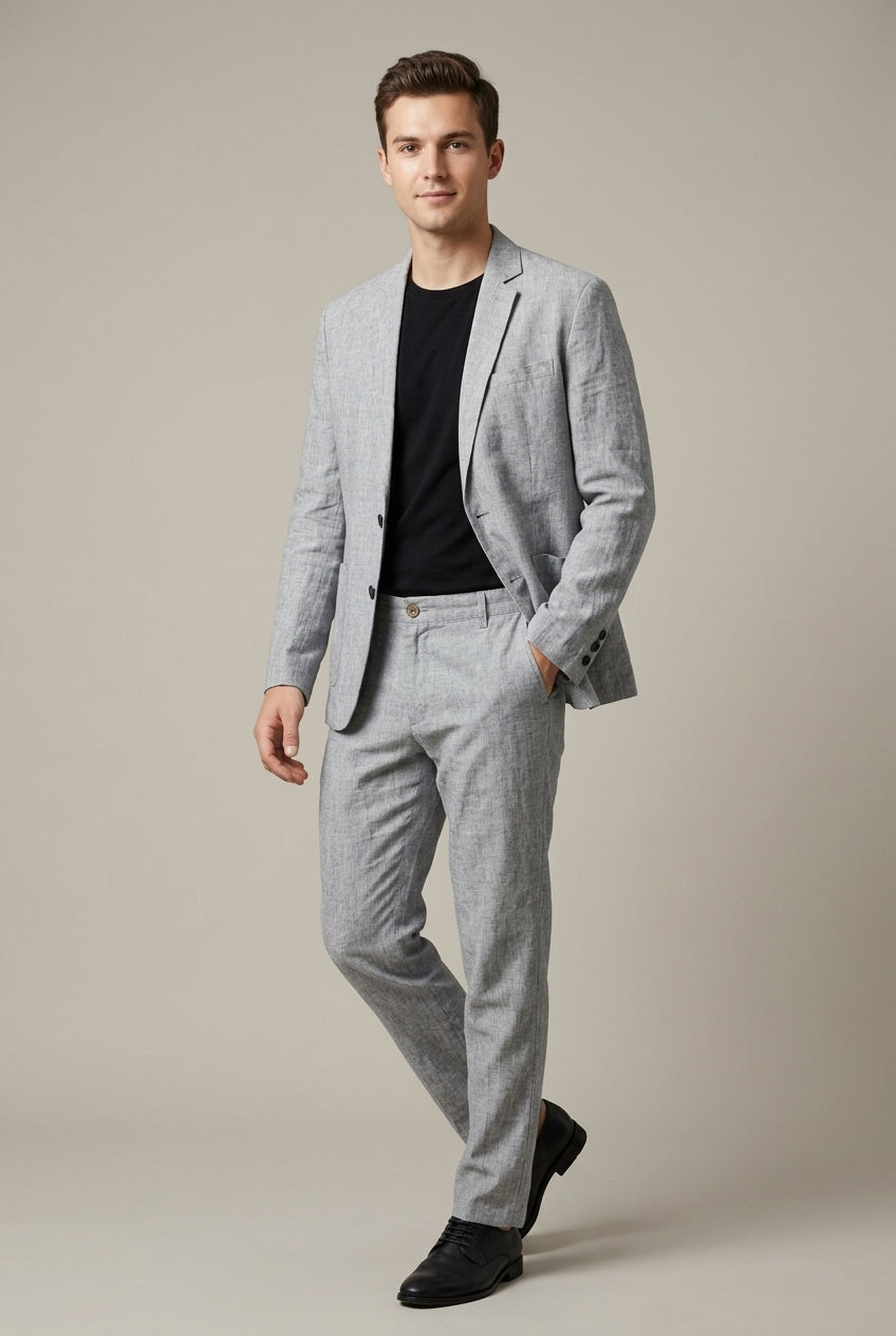 Men's Linen Blazer & Trouser Set – Single-Button Elastic Waist