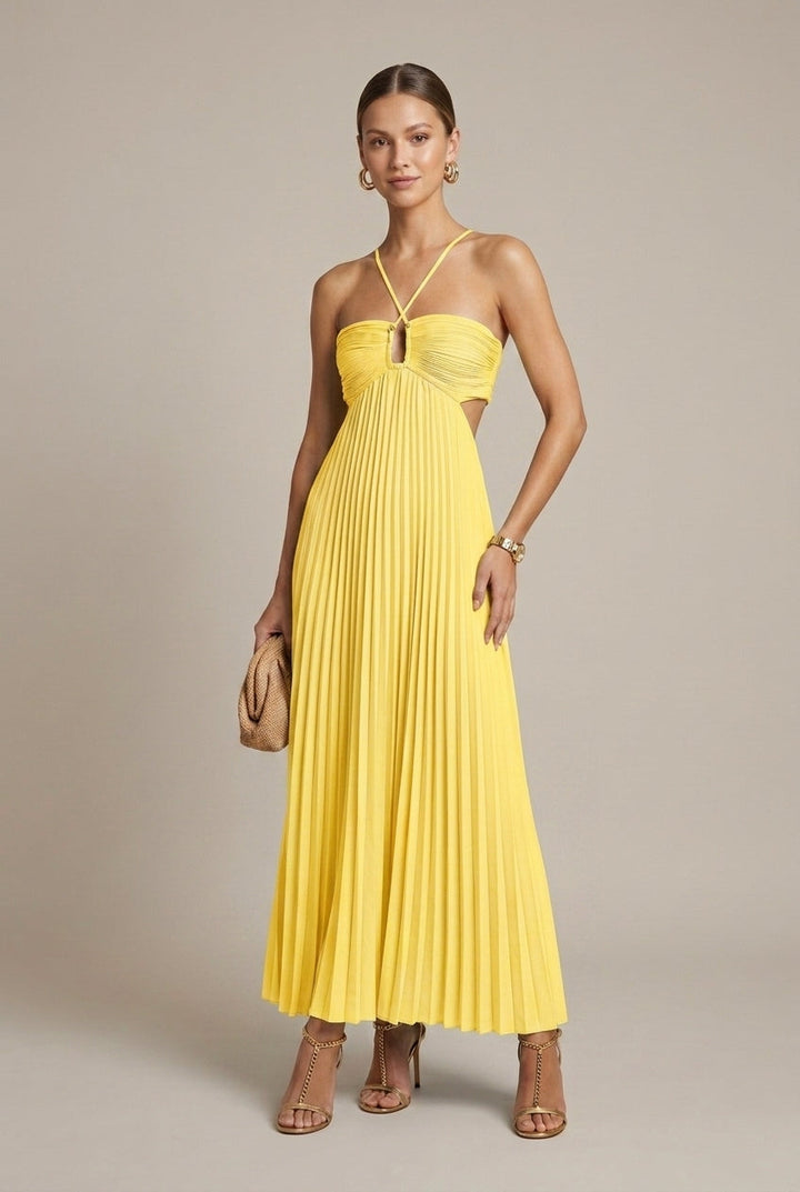 Women's Halter Neck Pleated Maxi Dress – Keyhole Cut-Out Ruched Waist