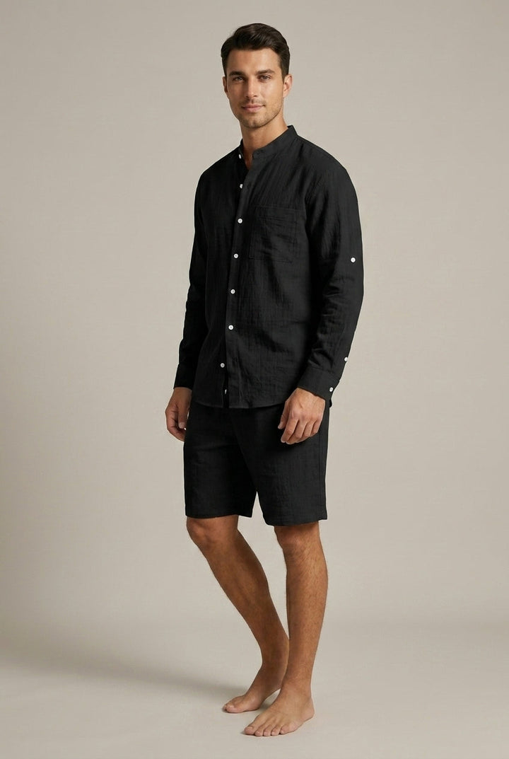 Men's Linen Shirt and Shorts Set – Band Collar Relaxed Fit