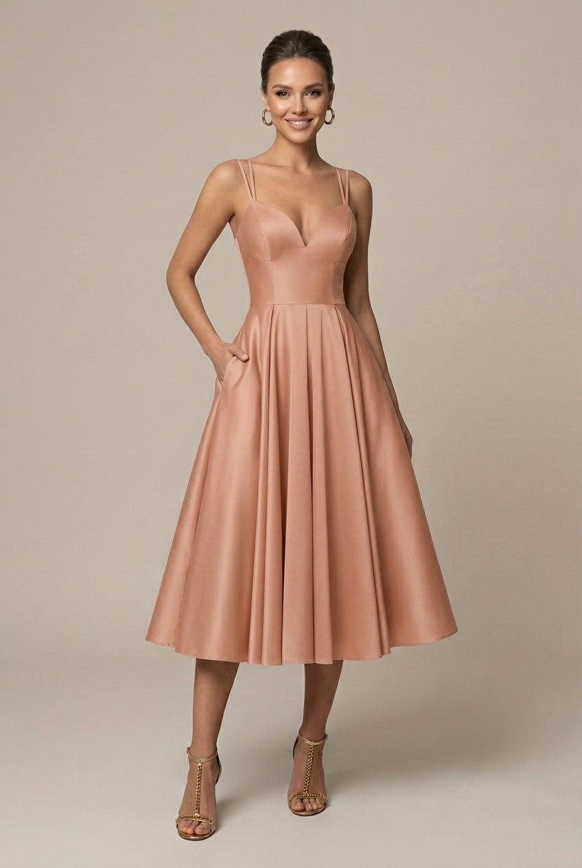 Women's A-Line Midi Dress Deep V Sweetheart – Spaghetti Straps
