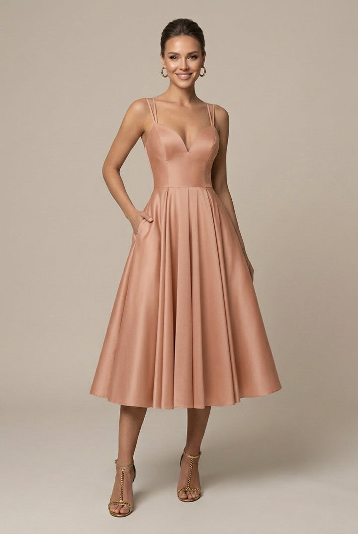 Women's A-Line Midi Dress Deep V Sweetheart – Spaghetti Straps