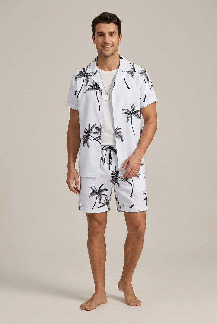 Men's Two Piece Set – Palm Print Shirt & Drawstring Shorts