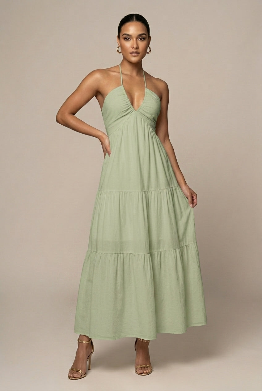 Women's Halter Neck Maxi Dress Tiered Ruffle Skirt – Deep V Open Back