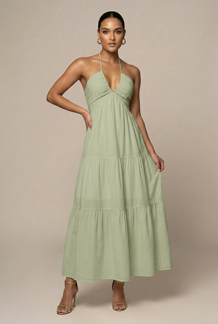Women's Halter Neck Maxi Dress Tiered Ruffle Skirt – Deep V Open Back
