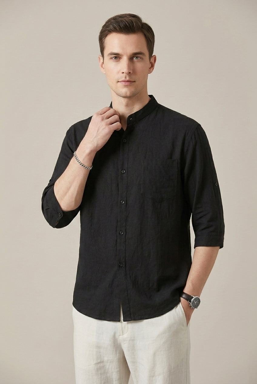 Men's Cotton Linen Blend Shirt – Band Collar Three-Quarter Sleeve
