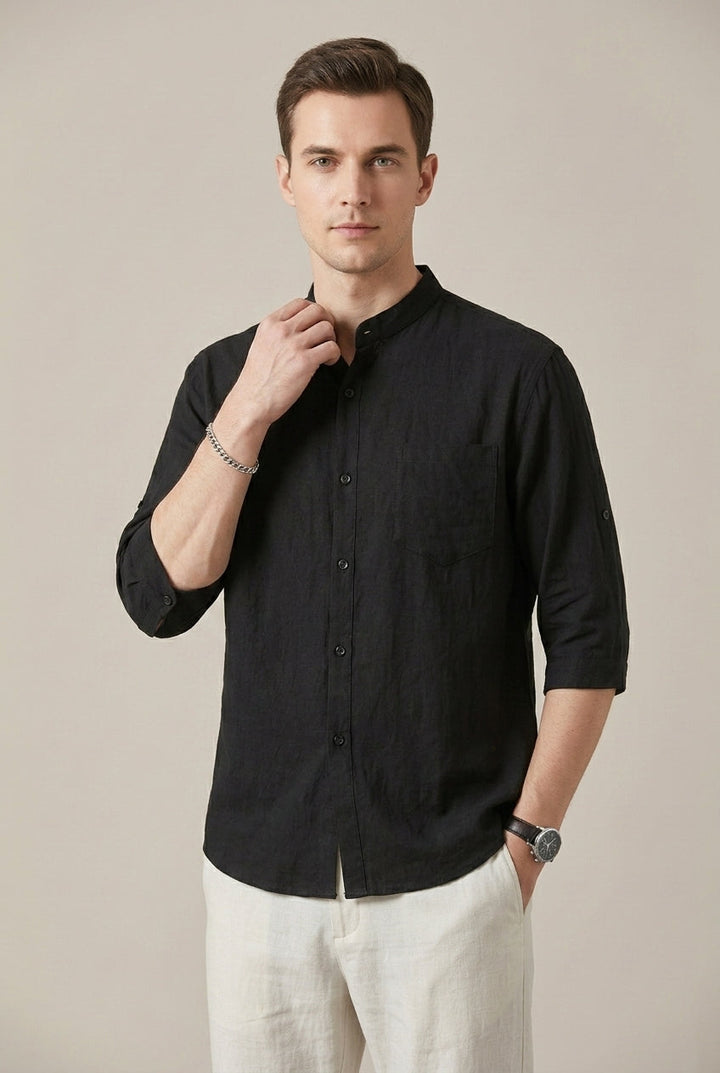 Men's Cotton Linen Blend Shirt – Band Collar Three-Quarter Sleeve
