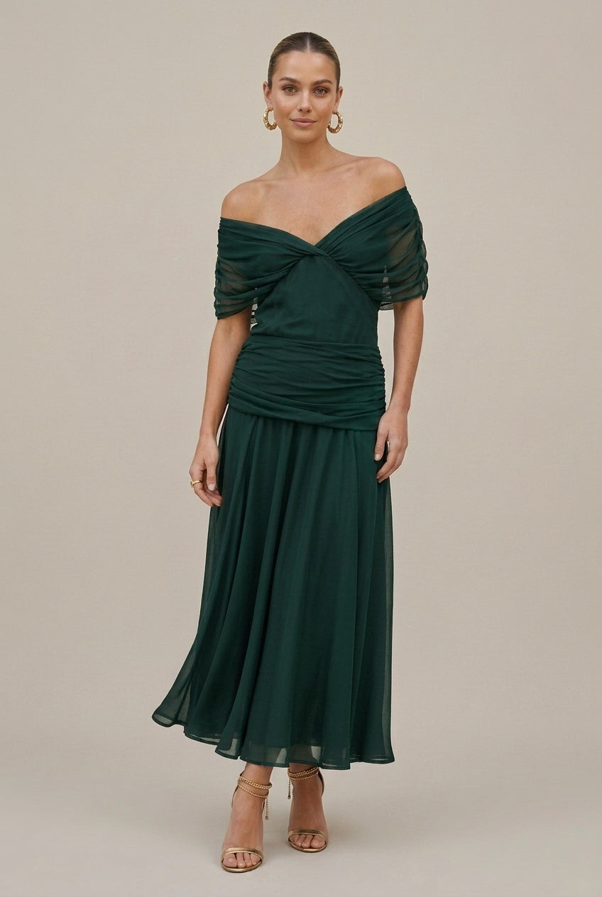 Women's Off Shoulder Maxi Dress Wrap V-Neck – Draped Ruched Waist