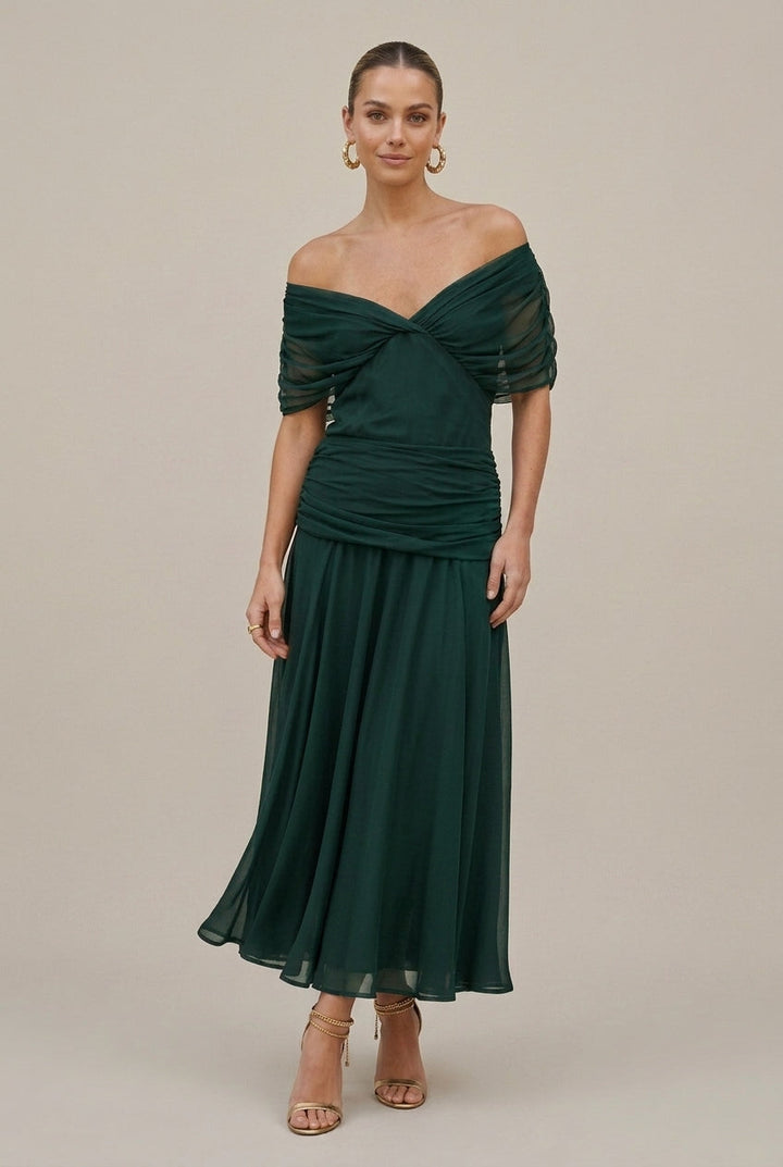 Women's Off Shoulder Maxi Dress Wrap V-Neck – Draped Ruched Waist