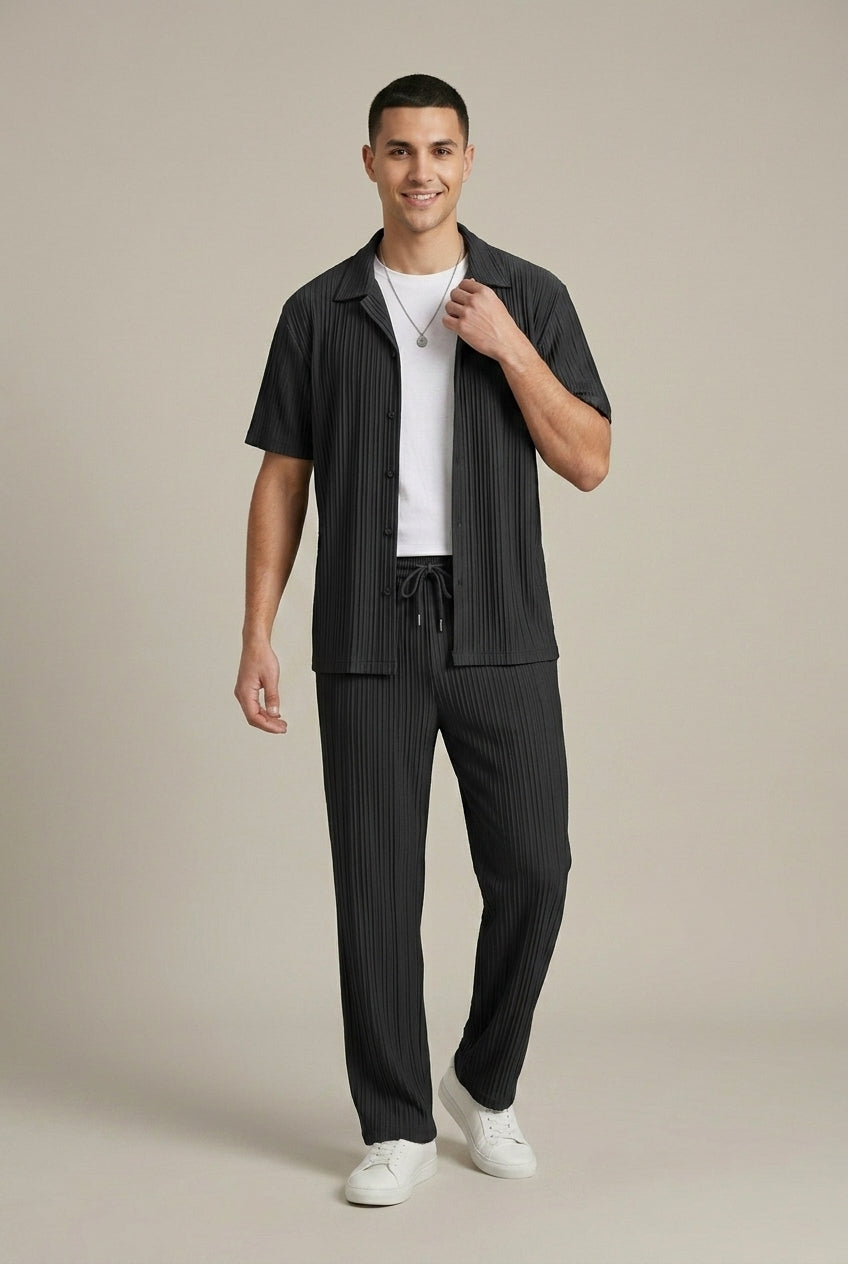 Men's Two Piece Set – Textured Stripe Shirt & Drawstring Trousers