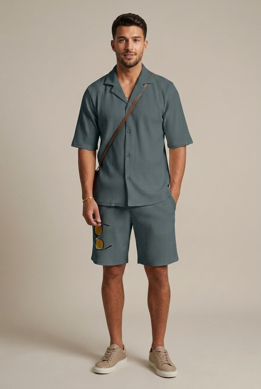 Men's Ribbed Two Piece Set – Short Sleeve Shirt & Drawstring Trousers