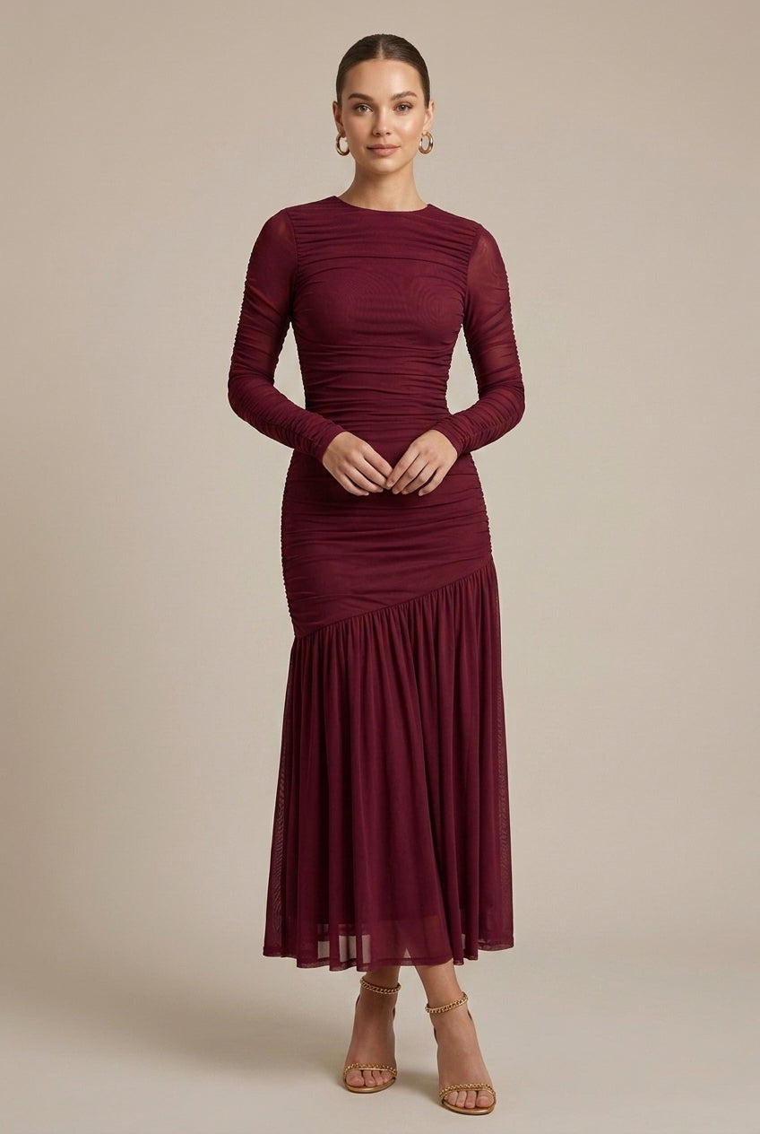 Women's Ruched Drop Waist Maxi Dress Long Sleeve – Fluted Skirt