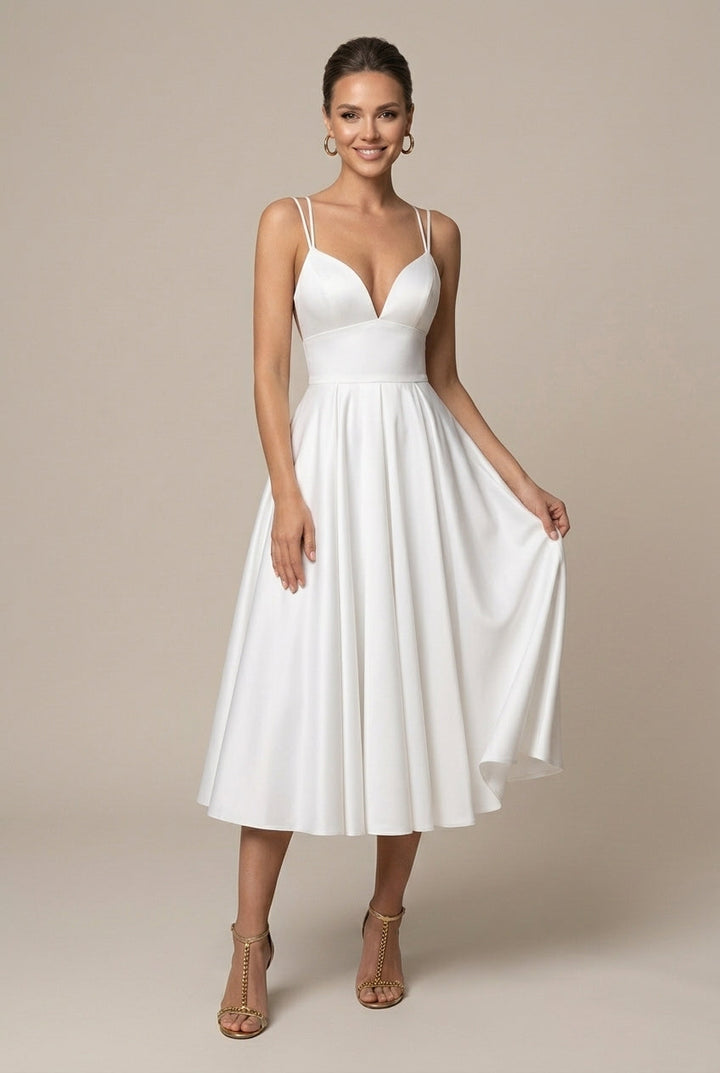 Women's A-Line Midi Dress Deep V Sweetheart – Spaghetti Straps