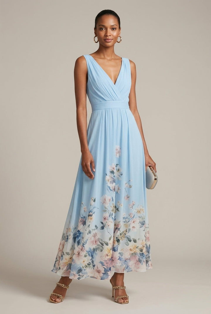 Women's Floral Border Print Maxi Dress – V-Neck Sleeveless