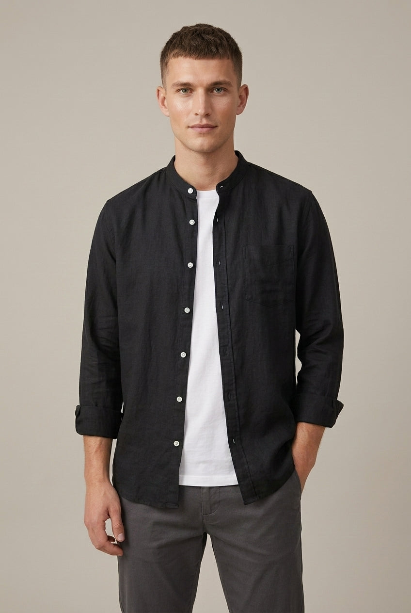 Men's Linen Blend Shirt – Band Collar Long Sleeve with Pocket
