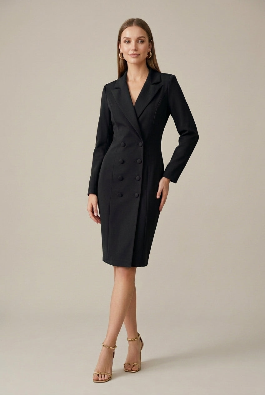 Women's Blazer Dress – Double-Breasted Notch Lapel Knee-Length