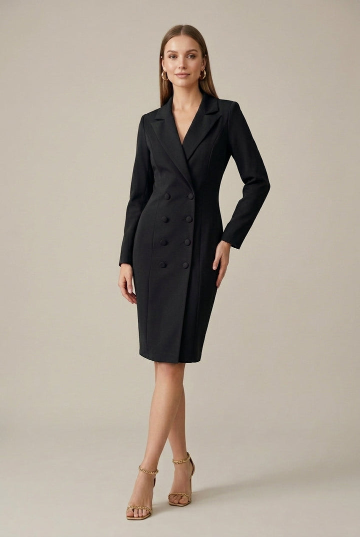 Women's Blazer Dress – Double-Breasted Notch Lapel Knee-Length