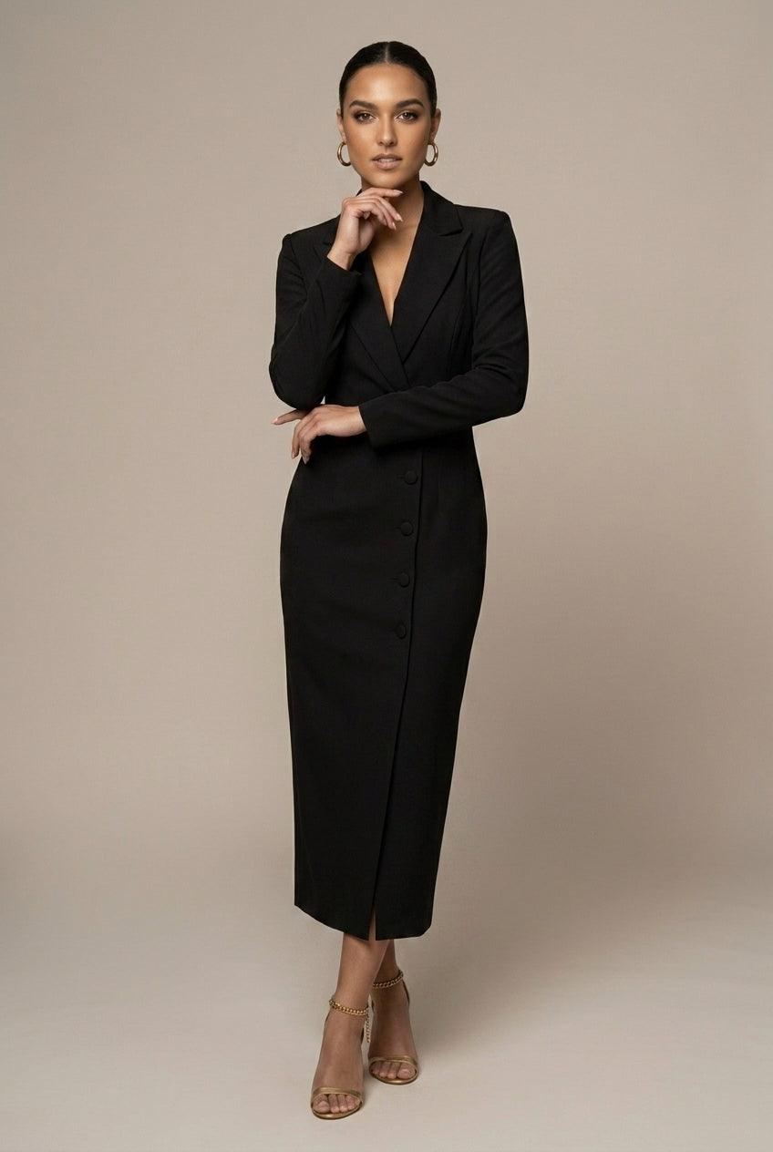 Women's Blazer Midi Dress – Notch Lapel Single-Breasted Fit