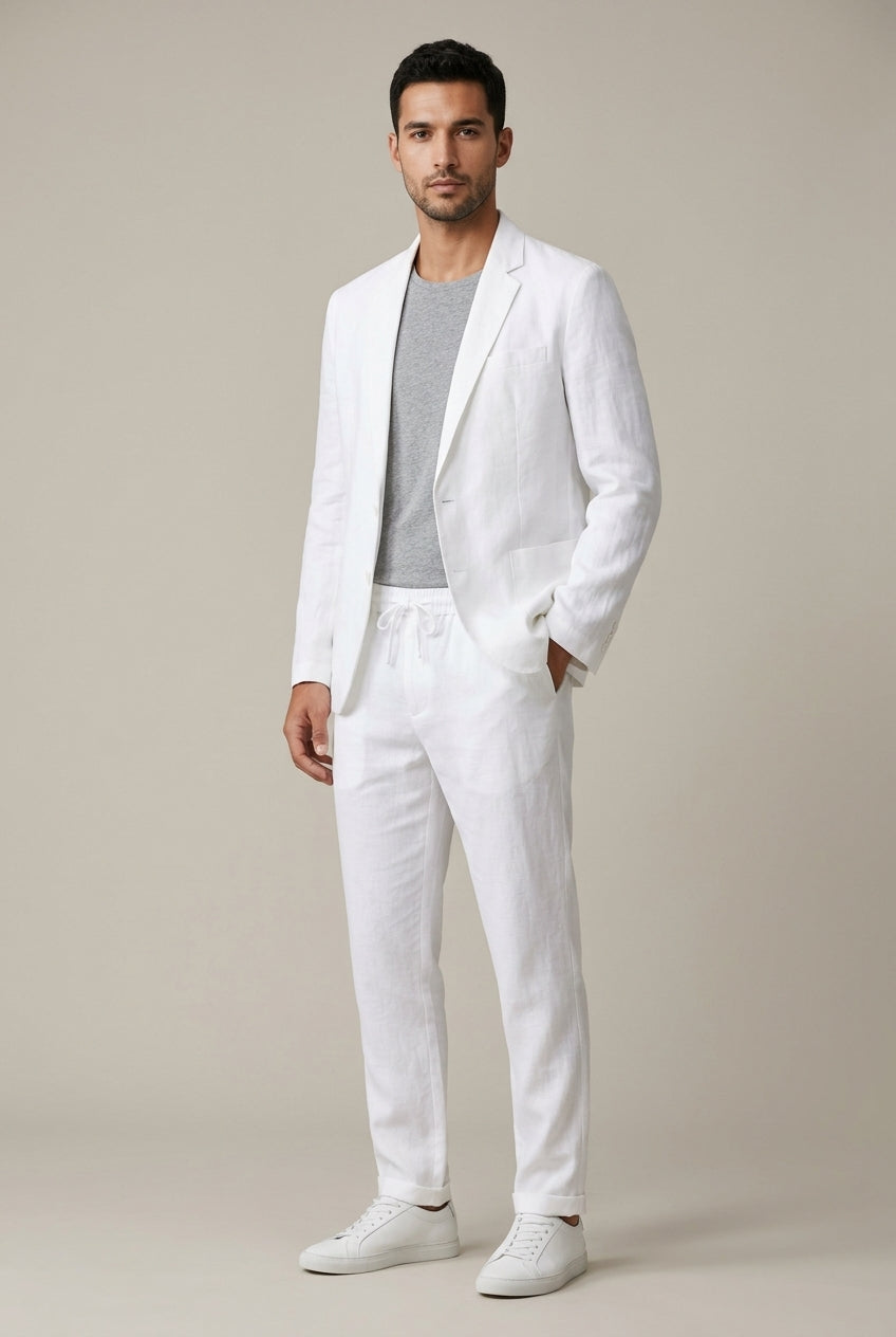 Men's Linen Blazer & Trouser Set – Single-Button Elastic Waist
