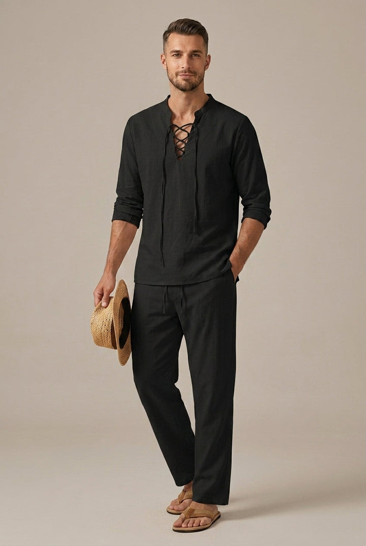 Men's Linen Two Piece Set – Lace-Up V-Neck Long Sleeve