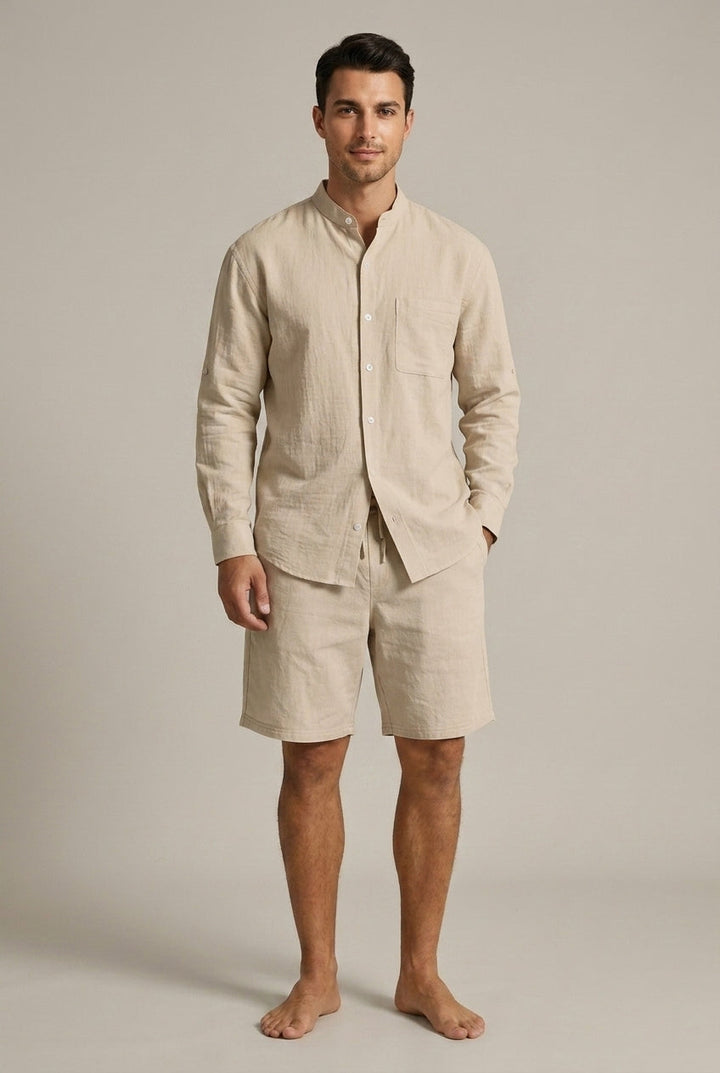 Men's Linen Shirt and Shorts Set – Band Collar Relaxed Fit