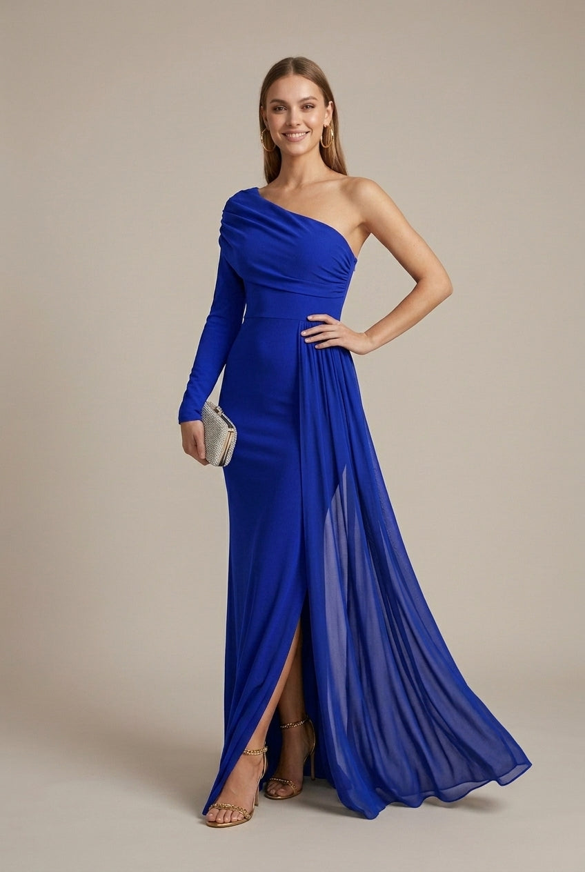 Women's Off Shoulder Fishtail Maxi Dress – Slant Neck Long Sleeve