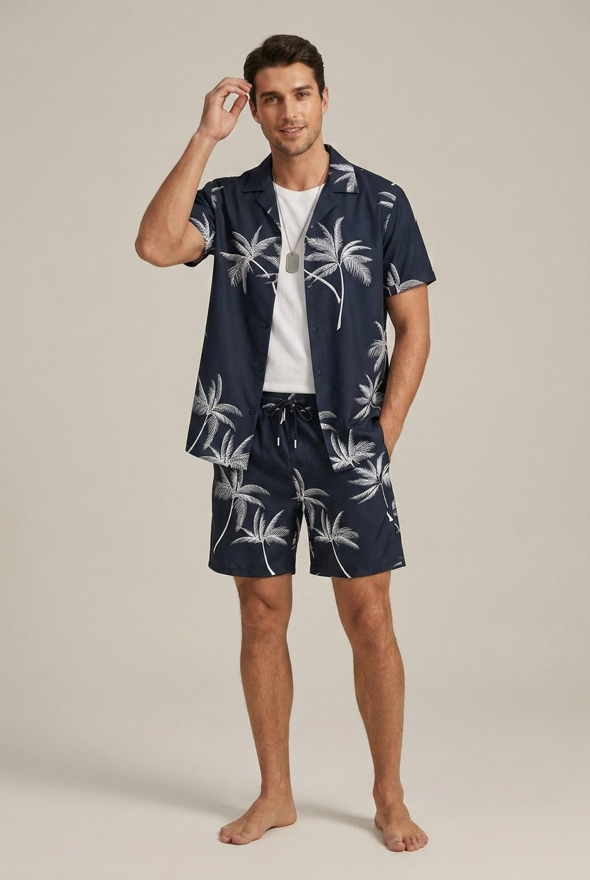Men's Two Piece Set – Palm Print Shirt & Drawstring Shorts