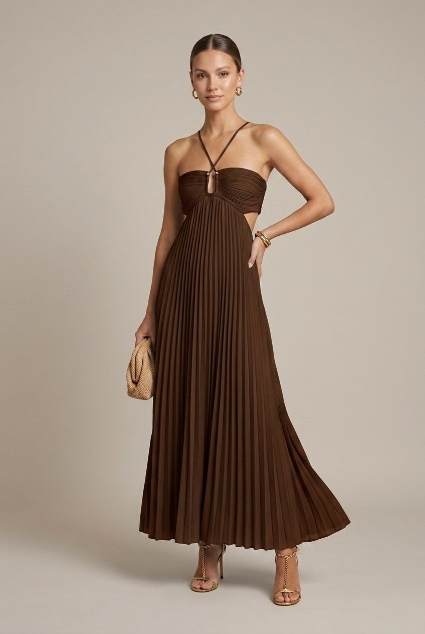 Women's Halter Neck Pleated Maxi Dress – Keyhole Cut-Out Ruched Waist