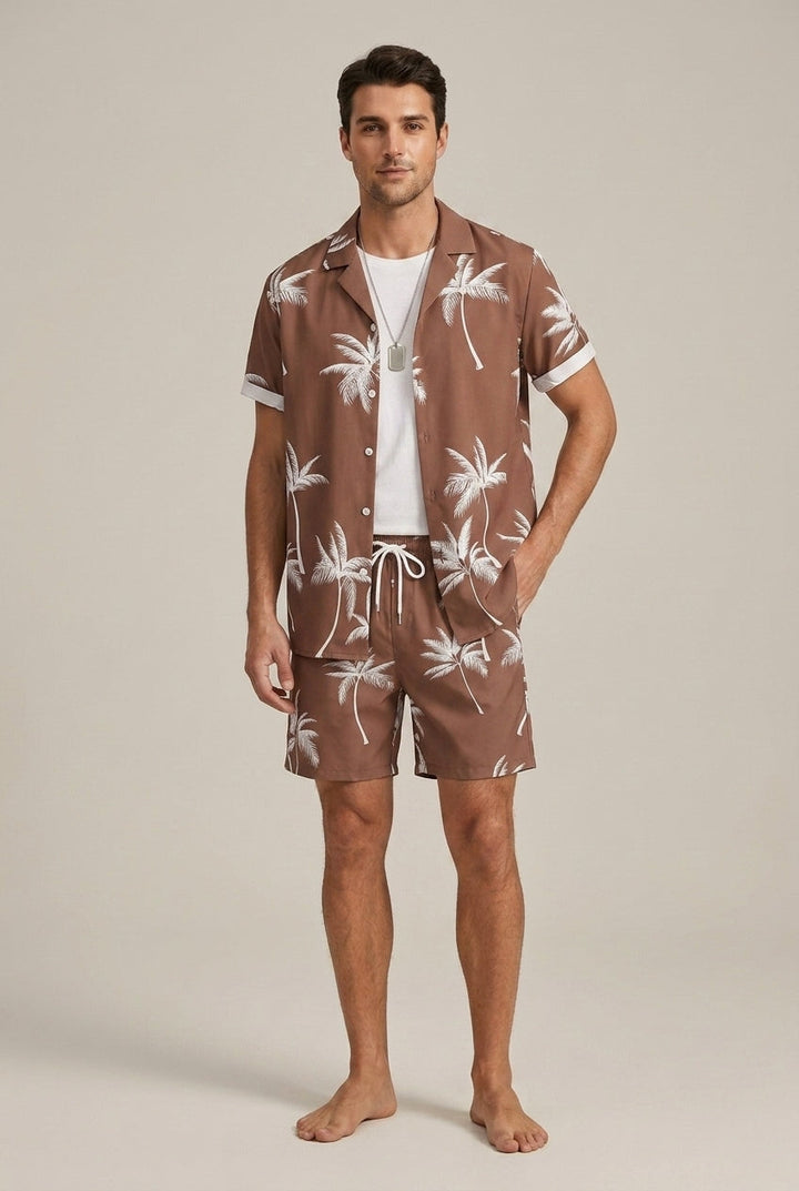 Men's Two Piece Set – Palm Print Shirt & Drawstring Shorts